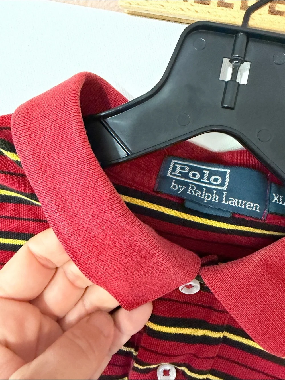 VTG Polo Ralph Lauren Red Black Yellow Stripe Pique Polo Shirt Mens XL *READ